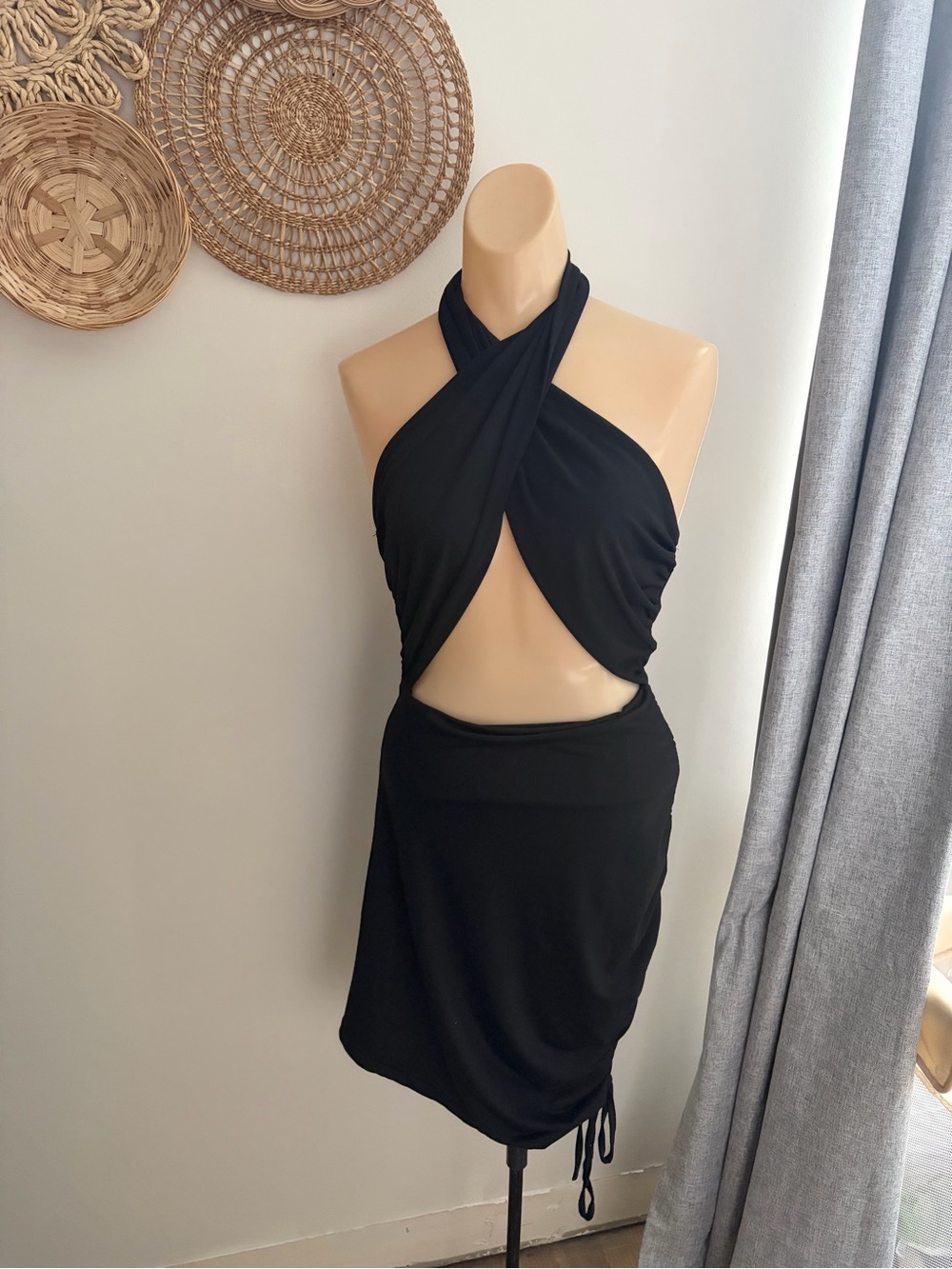 Black Cross-Front Cutout Halter Dress